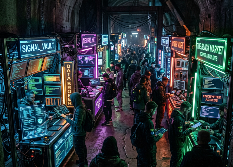 People interacting with neon-lit digital booths inside an underground cyber market tunnel