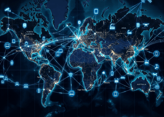 World map showing global connections between cities with icons of digital devices and IoT technologies.