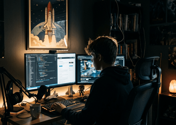 Person working on computer with code and video on dual monitors in dimly lit room