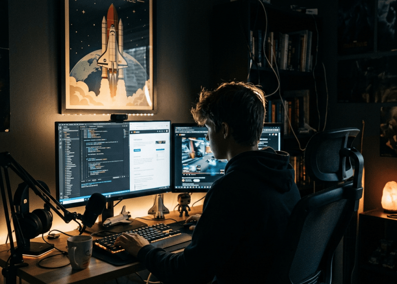 Person working on computer with code and video on dual monitors in dimly lit room