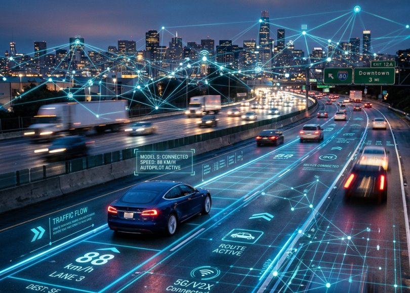 Autonomous electric car on highway with digital overlays indicating speed, connectivity, and autopilot status