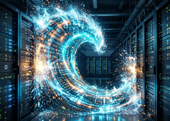 Digital wave of binary code and data flowing through a server room with racks of servers