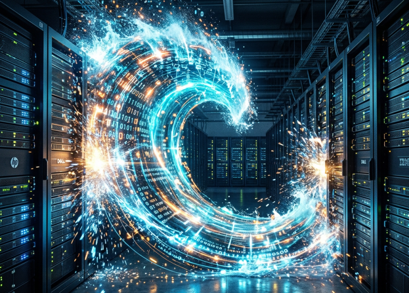 Digital wave of binary code and data flowing through a server room with racks of servers
