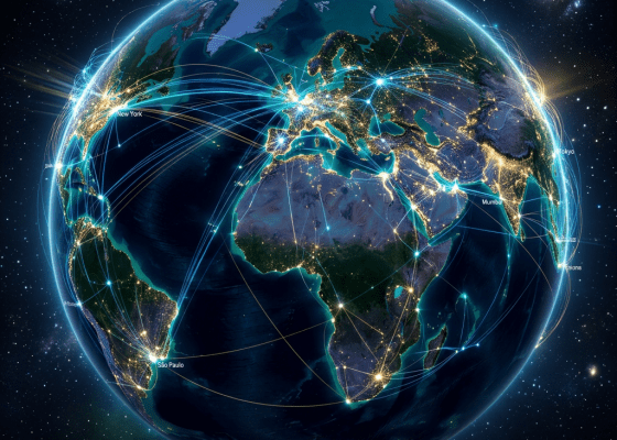 Digital globe with glowing network lines connecting cities across continents at night