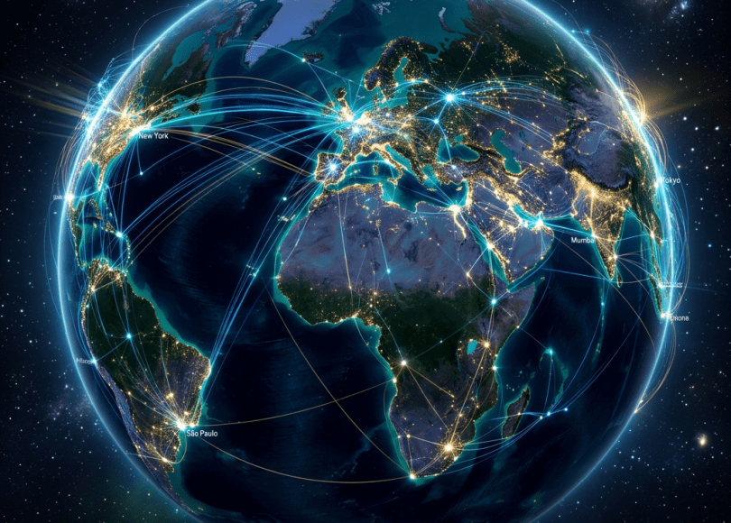 Digital globe with glowing network lines connecting cities across continents at night