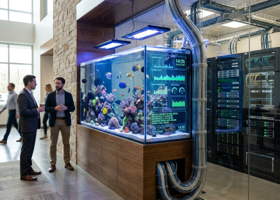 Modern office aquarium with digital data screens and networking equipment