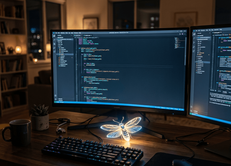 Dual monitors displaying code on a wooden desk with a backlit keyboard, mouse, potted plant, coffee mug, and glowing insect-shaped light