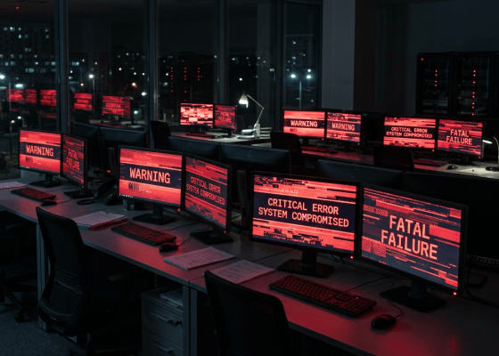 Office computers showing warnings like critical error system compromised and fatal failure