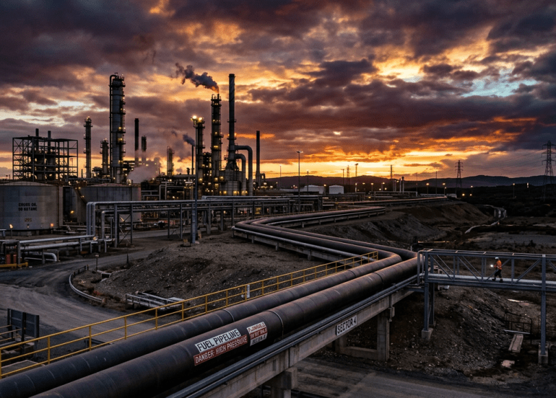 Oil refinery with pipelines, smoke stacks, and a worker at sunset
