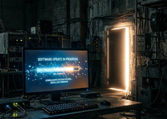 Computer monitor displaying software update at 85% completion in industrial room