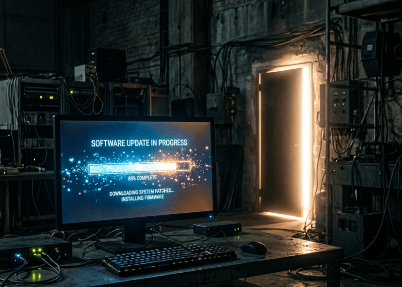 Computer monitor displaying software update at 85% completion in industrial room