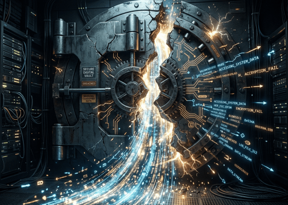 Vault door cracked open with streams of digital data and encryption failure messages