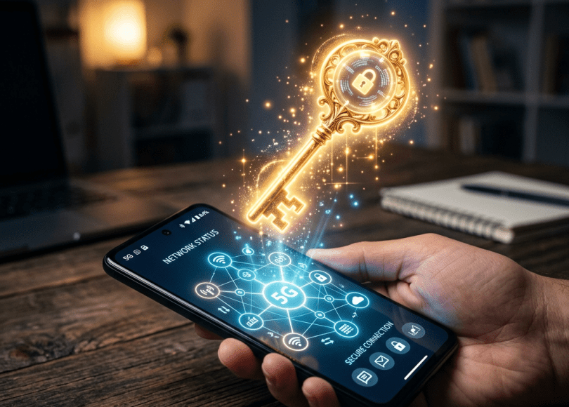Smartphone showing 5G network status with a glowing key hologram symbolizing secure connection
