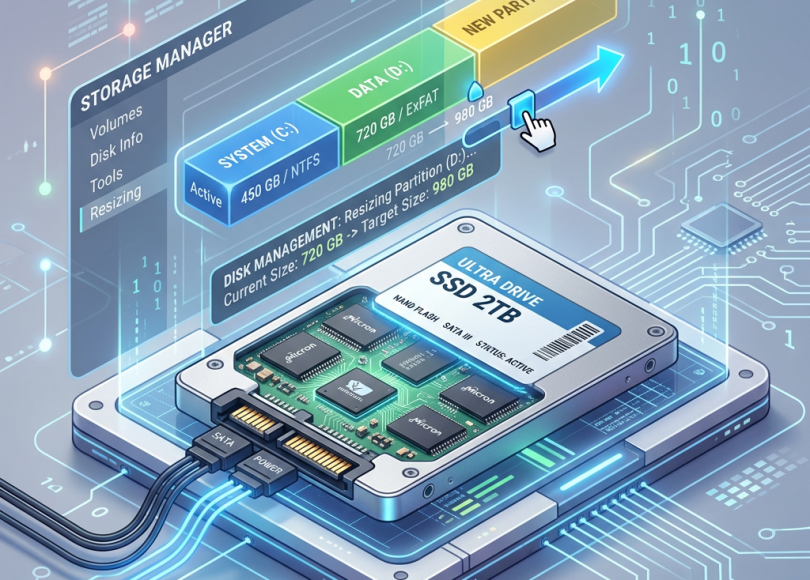 SSD drive with partitions and digital resizing interface