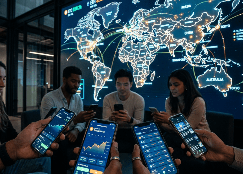 People holding smartphones displaying cryptocurrency trading apps in front of a large global crypto ecosystem map