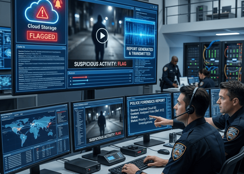 Police officers monitoring multiple screens showing flagged suspicious activity and digital forensics reports