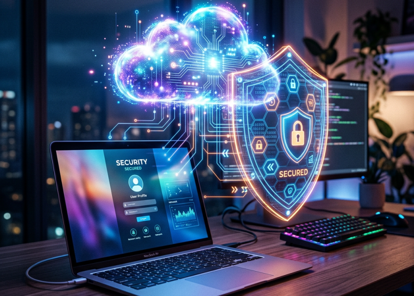 Laptop with security login interface and holographic cloud with shield and lock icons