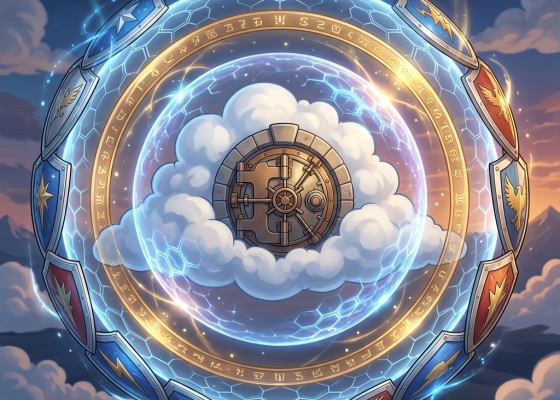 Vault door encased in a cloud and surrounded by magical glowing protective shields