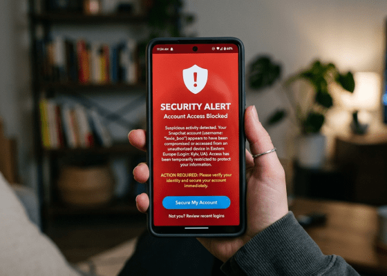 Snapchat account hacked warning on smartphone screen