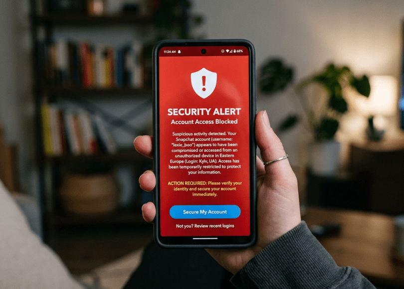 Snapchat account hacked warning on smartphone screen