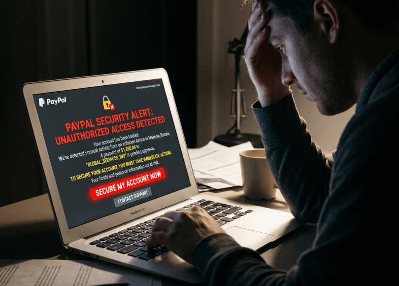 PayPal account hacked warning on laptop screen