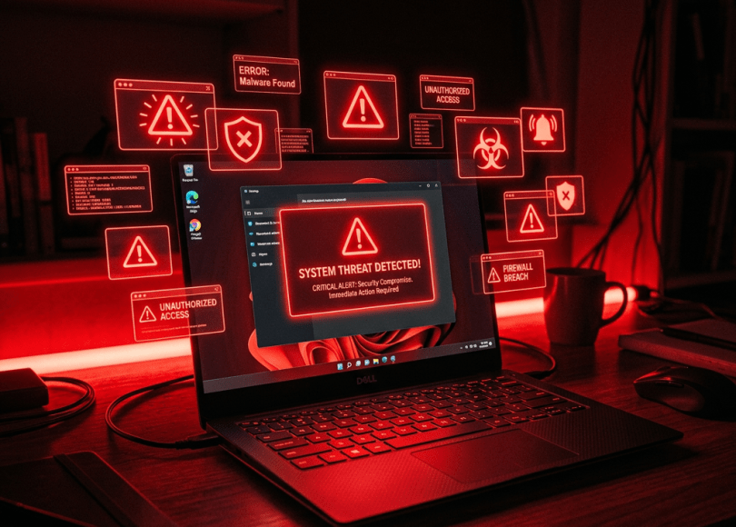 Laptop with floating warning icons and red lighting