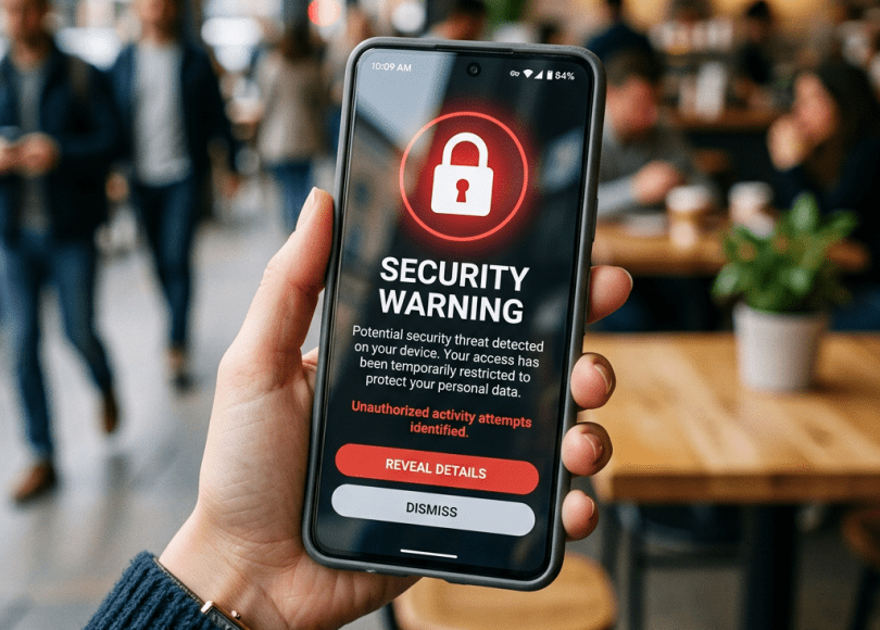 Smartphone showing security warning with lock icon