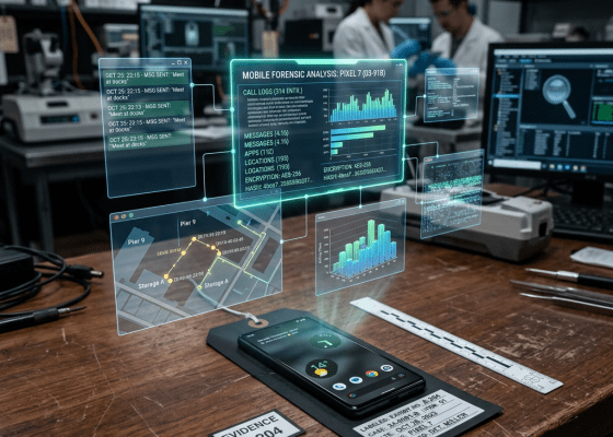 Smartphone forensic analysis displaying call logs, messages, location data, and encryption details
