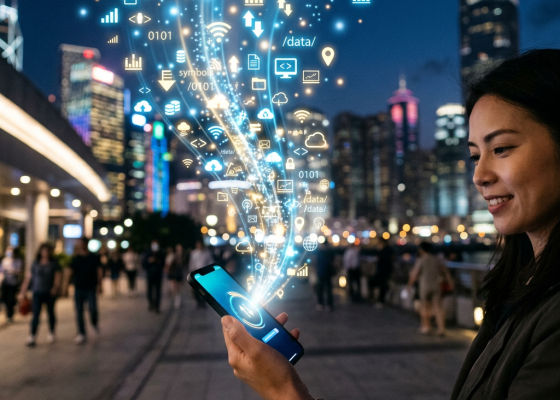 Woman holding smartphone with digital data icons floating above screen in city at night
