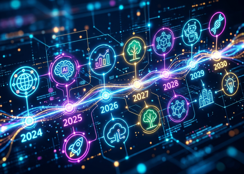 Digital timeline with icons representing AI, data growth, environmental efforts, robotics, and genetics from 2024 to 2030