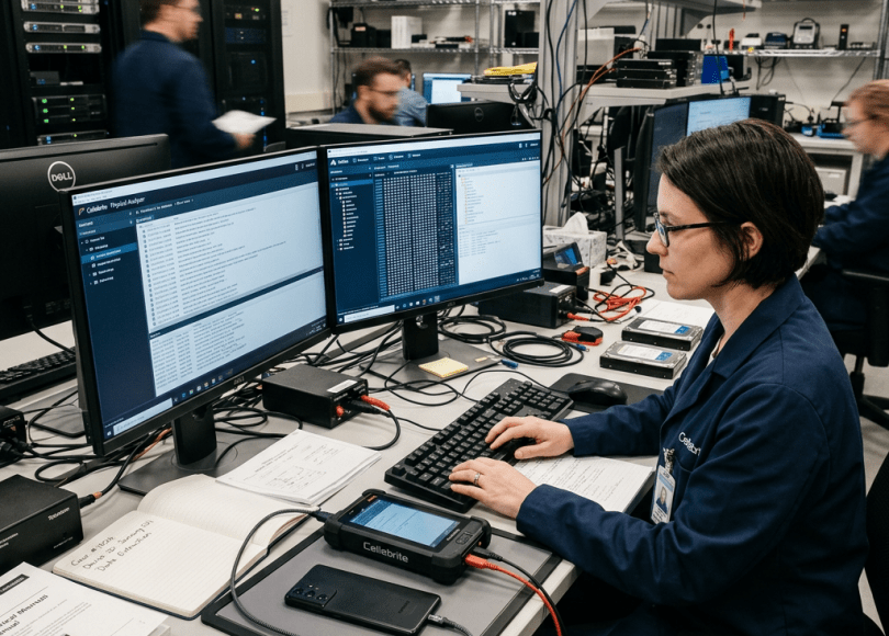 Forensic analyst working on digital evidence in a lab with multiple monitors and devices