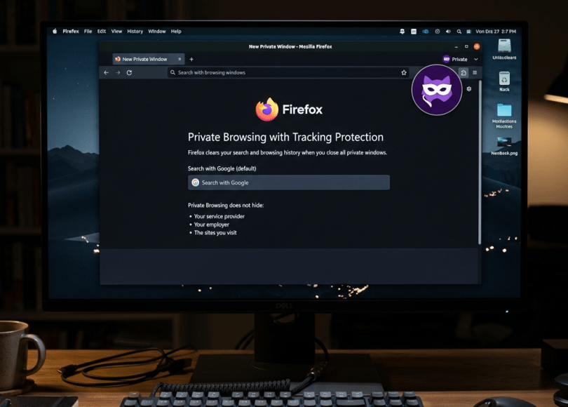Firefox private browsing window showing tracking protection and search with Google option
