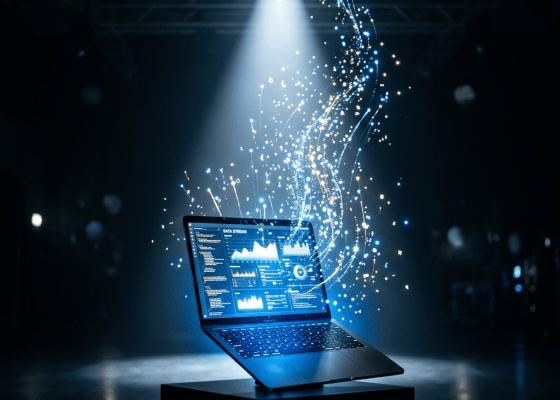 Laptop showing dynamic data charts and flowing digital streams in dark environment