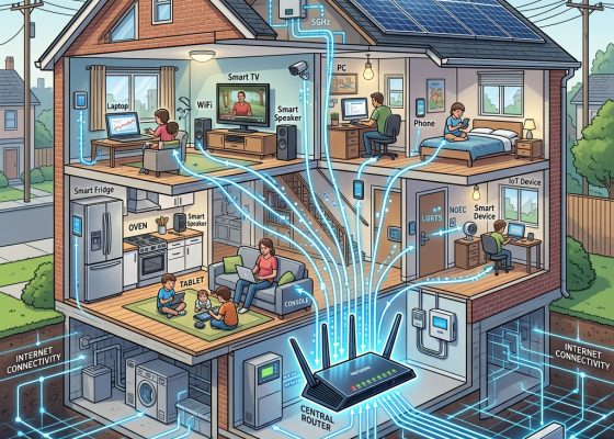 Cross-section of a smart home with devices connected to central router and internet
