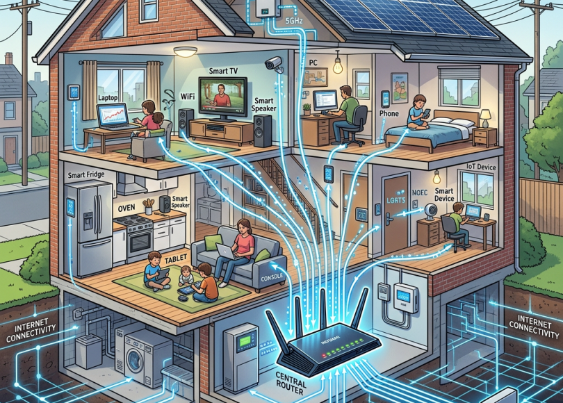 Cross-section of a smart home with devices connected to central router and internet