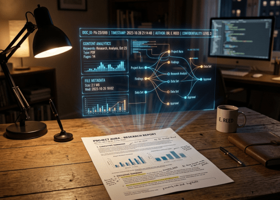 Desk with research report, holographic data visualization, computer monitor with code, lamp, mug labeled E. Reed