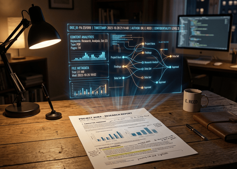 Desk with research report, holographic data visualization, computer monitor with code, lamp, mug labeled E. Reed