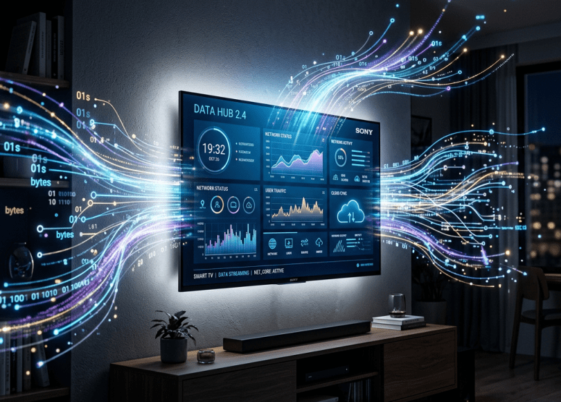 Smart TV screen showing data analytics and streaming visuals with glowing data streams.