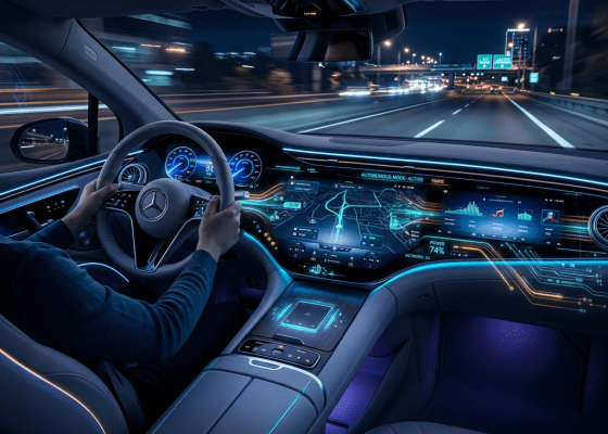 Mercedes-Benz car interior with illuminated dashboard and autonomous driving interface