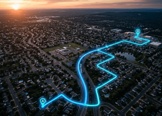 Aerial view of suburban neighborhood with glowing navigation route from point A to B
