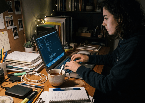 Person typing code on a laptop at a home desk with notebooks and a cup of tea
