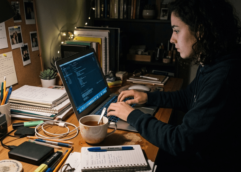 Person typing code on a laptop at a home desk with notebooks and a cup of tea