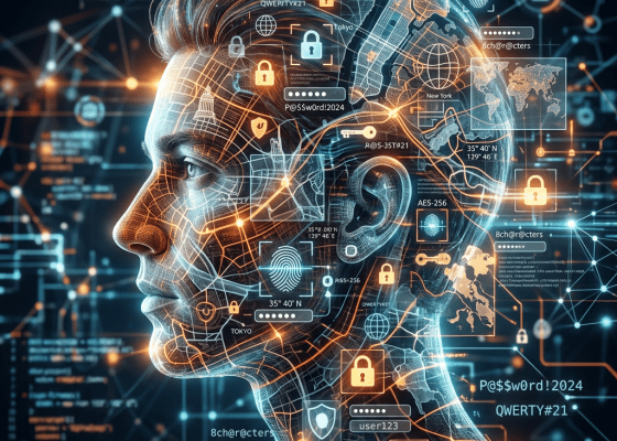 Profile of a digital head with cybersecurity icons and data overlays