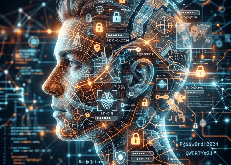 Profile of a digital head with cybersecurity icons and data overlays