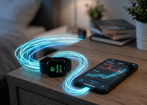 Smartwatch showing heart rate and distance syncing health data with smartphone app