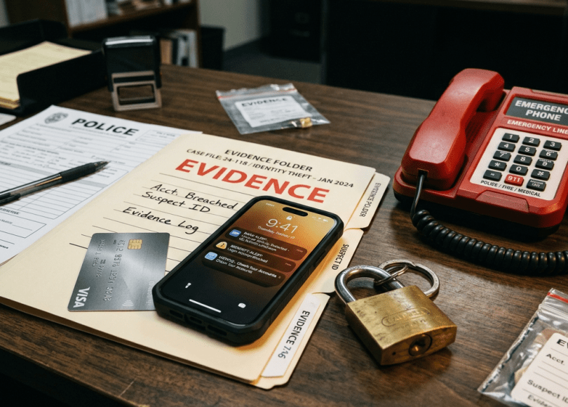 Evidence folder labeled 'Identity Theft' with a credit card, smartphone showing security alerts, and police documents on a desk
