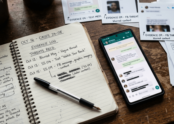 Notebook with handwritten evidence log, smartphone displaying chat messages, and printed screenshots of blurred text messages and images on a wooden table