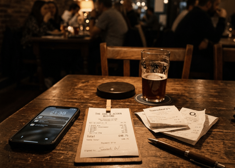 Wooden table with a glass of beer, restaurant receipt, phone showing notifications, pen, and additional receipts