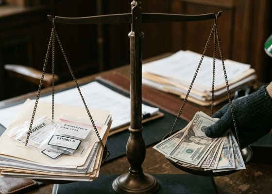 Legal balance scale holding evidence files on one side and cash on the other