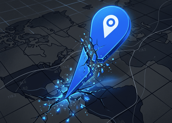 Cracked blue location pin breaking over a dark map